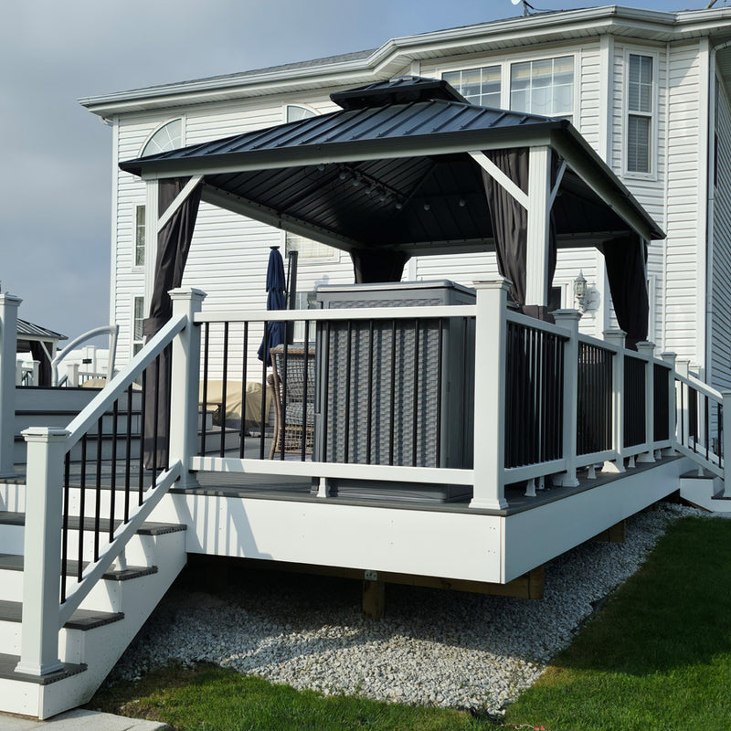 PURPLE LEAF Modern Gazebo Grey Hardtop Galvanized Steel Double Roof White Aluminum Poles with Curtains and Netting with Lights-milky