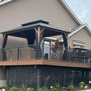 PURPLE LEAF Metal Gazebo Double Roof Wood Grain Aluminum Frame with Curtains Netting and Reinforcement Support Rods