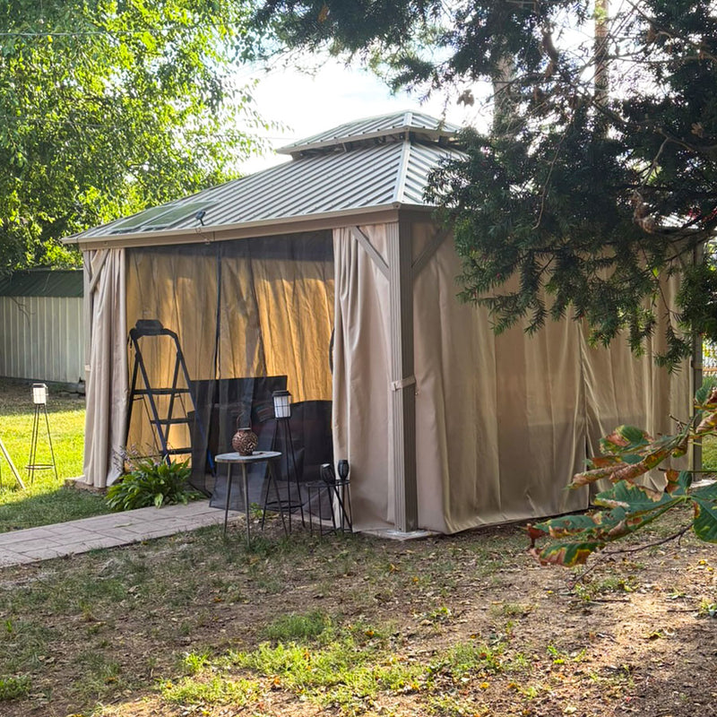 PURPLE LEAF Deck Gazebo Champagne Hardtop Metal Frame Double Roof with Curtains and Netting with Lights-milky