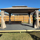 PURPLE LEAF Deck Gazebo Champagne Hardtop Metal Frame Double Roof with Curtains and Netting with Lights-milky