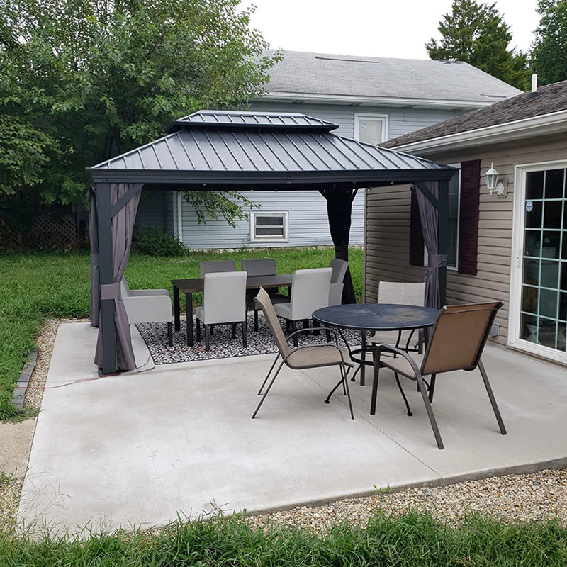 PURPLE LEAF Patio Gazebo for Backyard Grey Hardtop Galvanized Steel Roof Awning with Upgrade Curtain