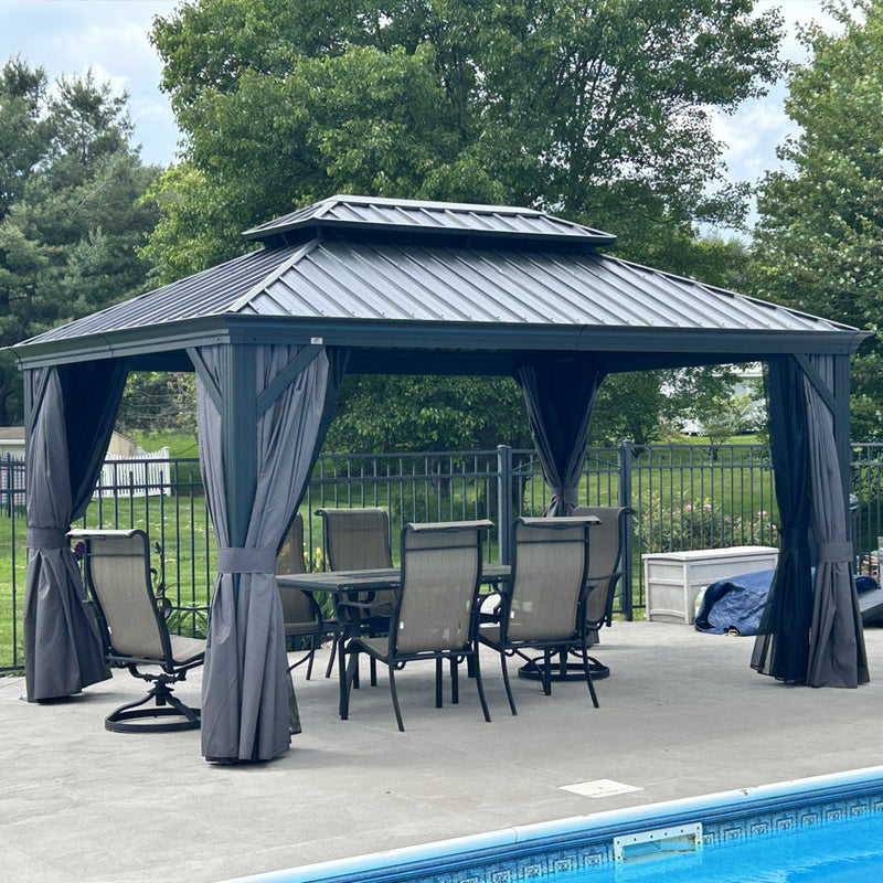 PURPLE LEAF Patio Gazebo for Backyard Grey Hardtop Galvanized Steel Roof Awning with String Lights-clear