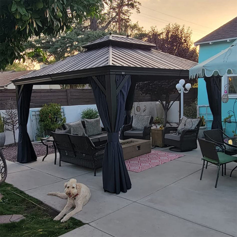 PURPLE LEAF Outdoor Hardtop Gazebo for Patio Bronze Aluminum Frame Pavilion with Navy-Blue Curtain and String Lights-clear