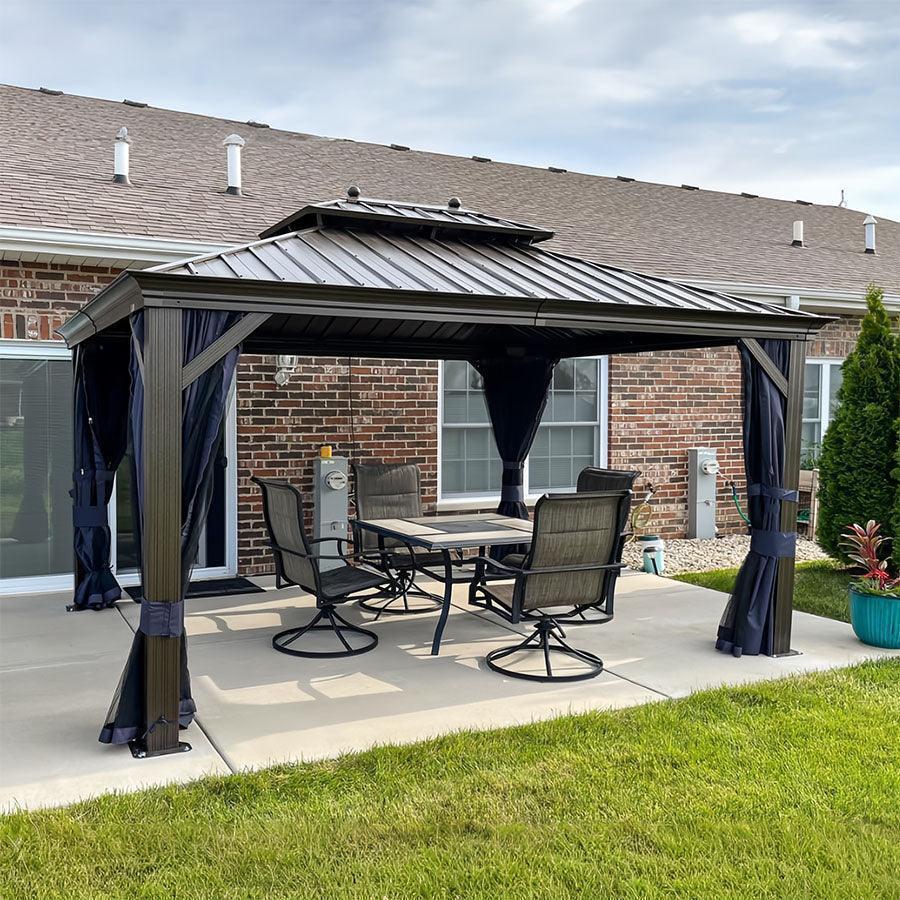 Bronze Aluminum Frame Hardtop Gazebo | Navy Curtains