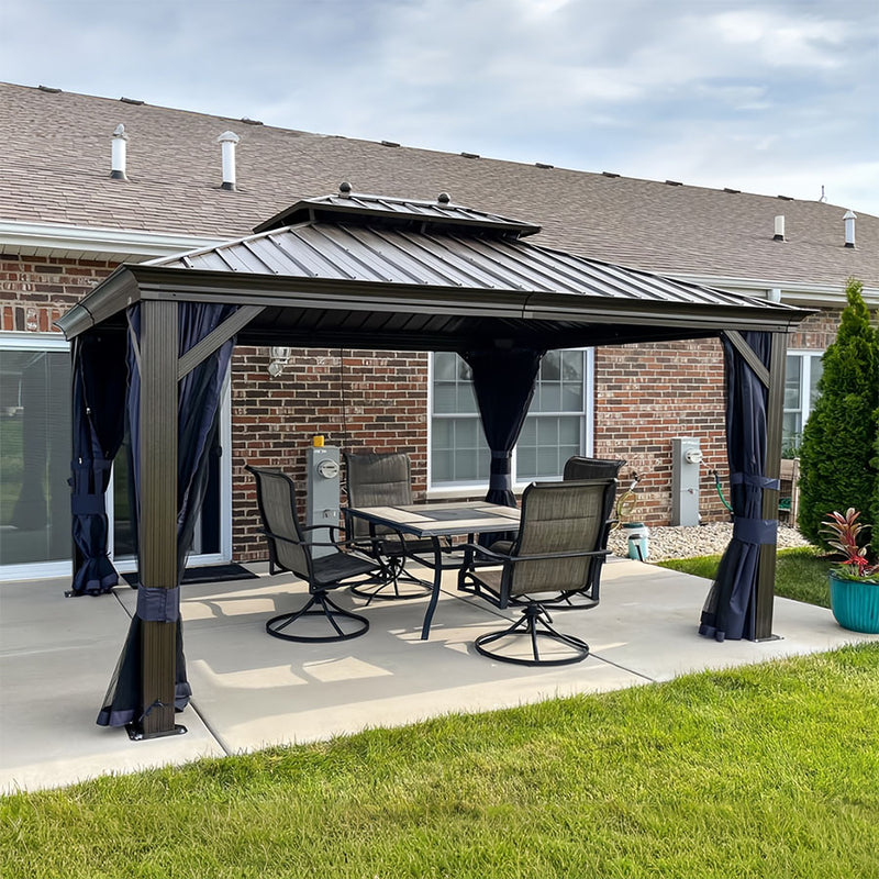 PURPLE LEAF Outdoor Hardtop Gazebo for Patio Bronze Aluminum Frame Pavilion with Navy-Blue Curtain and String Lights