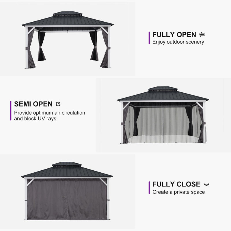 PURPLE LEAF Patio Hardtop Gazebo for Outdoor Grey Galvanized Steel Double Roof White Aluminum Poles with Curtains and Netting