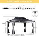 PURPLE LEAF Patio Hardtop Gazebo for Outdoor Grey Galvanized Steel Double Roof White Aluminum Poles with Curtains and String Lights-milky