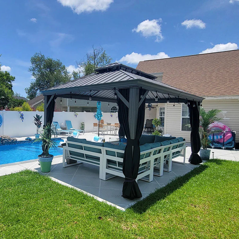 PURPLE LEAF Patio Gazebo for Pool Light Grey Hardtop Galvanized Steel Roof with Upgraded Curtains