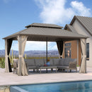 PURPLE LEAF Deck Gazebo Champagne Hardtop Metal Frame Double Roof with Curtains Netting and Reinforcement Support Rods