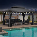 PURPLE LEAF Patio Gazebo for Pool Light Grey Hardtop Galvanized Steel Roof with String Lights