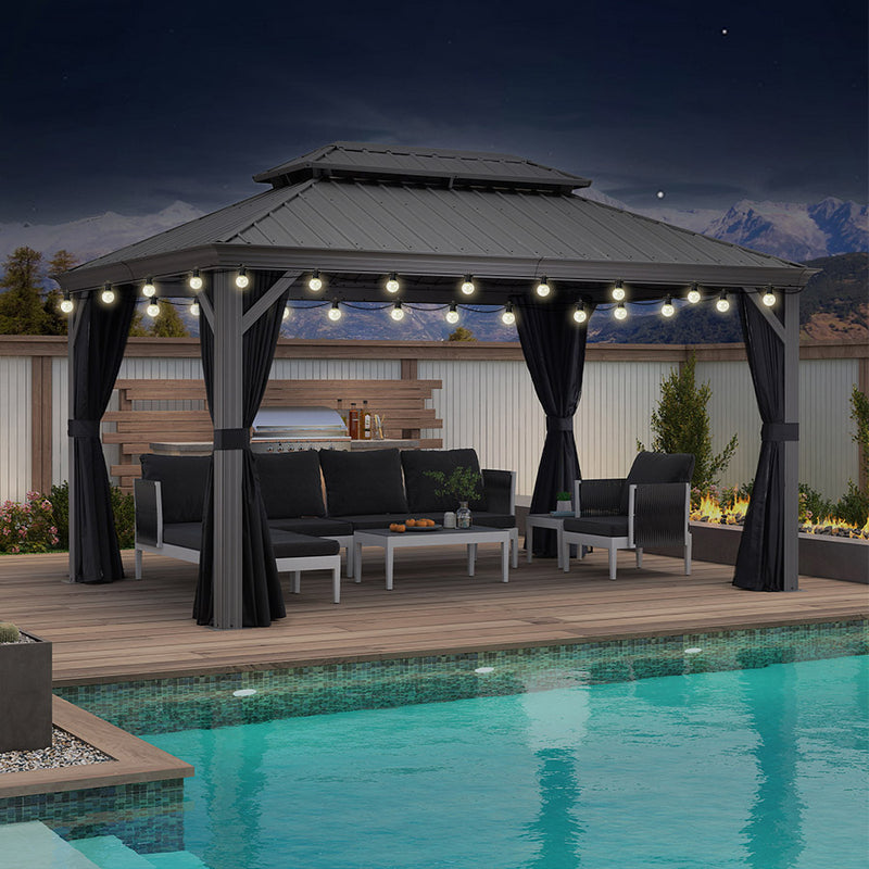 PURPLE LEAF Patio Gazebo for Pool Light Grey Hardtop Galvanized Steel Roof with String Lights