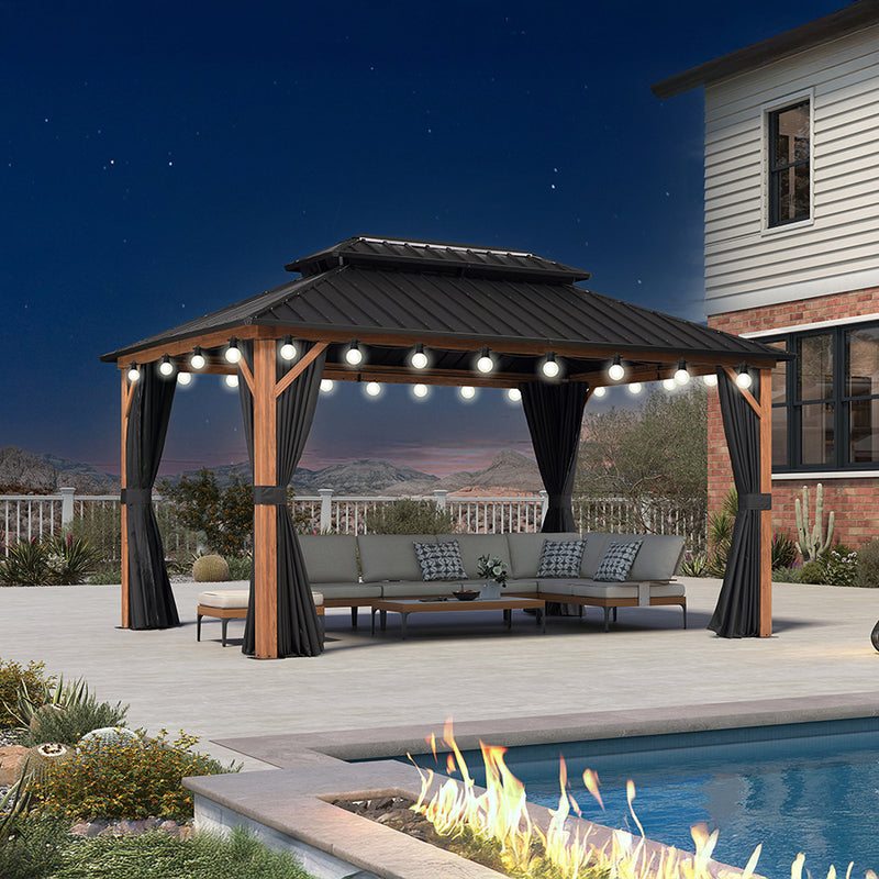 PURPLE LEAF Metal Gazebo Double Roof Wood Grain Aluminum Frame with Curtains and Netting with Lights-milky