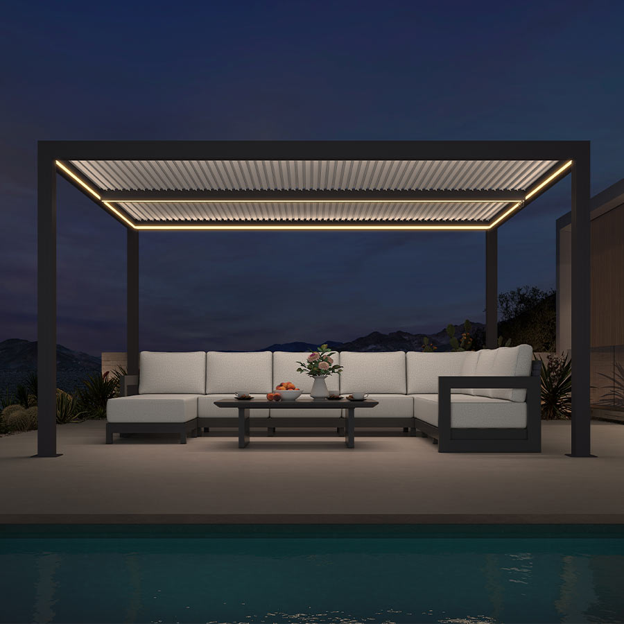 Athena Louvered Aluminum Pergola | LED Strip Lights