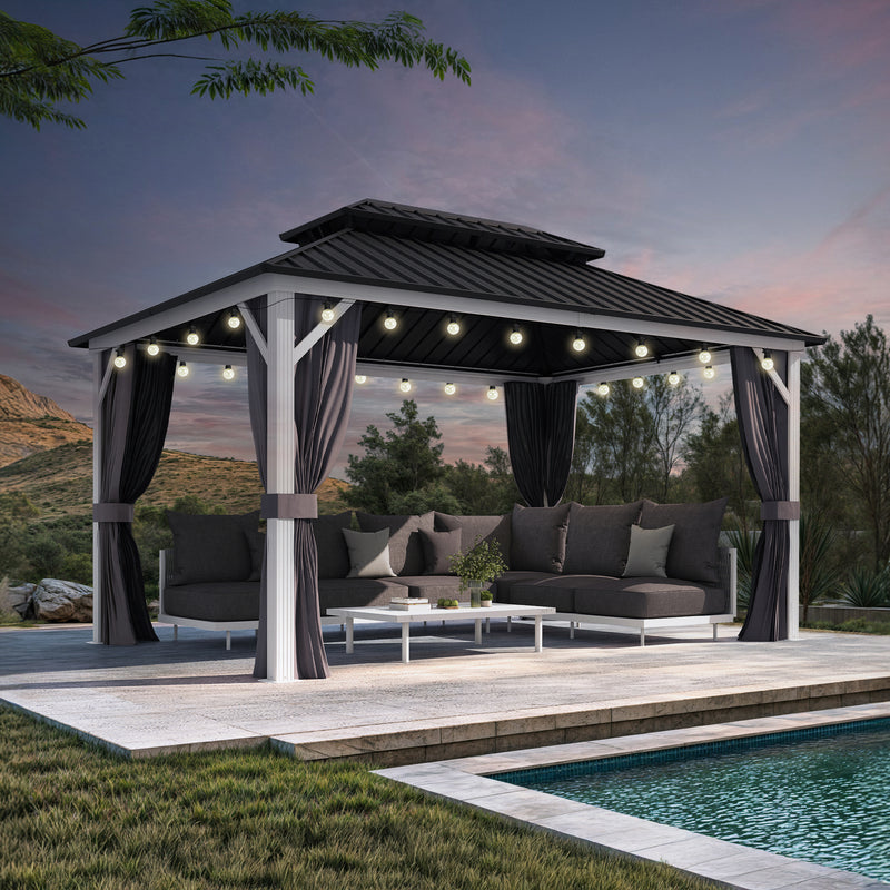 PURPLE LEAF Patio Hardtop Gazebo for Outdoor Grey Galvanized Steel Double Roof White Aluminum Poles with Curtains and String Lights-clear
