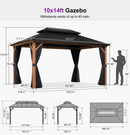 PURPLE LEAF Metal Gazebo Double Roof Wood Grain Aluminum Frame with Curtains Netting and Reinforcement Support Rods