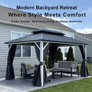 PURPLE LEAF Modern Gazebo Grey Hardtop Galvanized Steel Double Roof White Aluminum Poles with Curtains and Netting with Lights-clear
