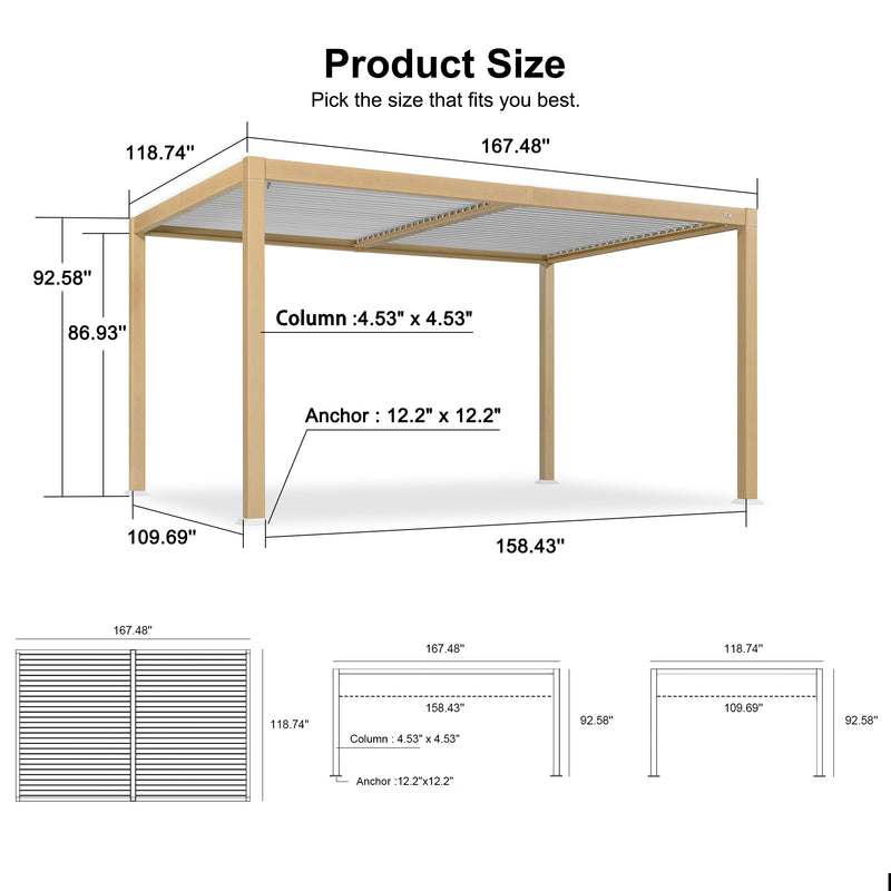 PURPLE LEAF Louvered Pergola Outdoor Wood Grain Aluminum Pergola with Adjustable Roof Retractable Patio Rainproof Hardtop Gazebo for Deck Backyard Garden