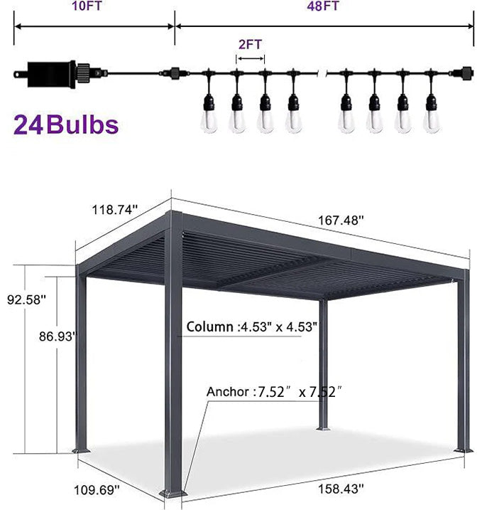 PURPLE LEAF Louvered Pergola with Milky String Lights Patio Aluminum Pergola with Independent Adjustable Rainproof Roof Hardtop Pergola for Outdoor Deck Garden Yard