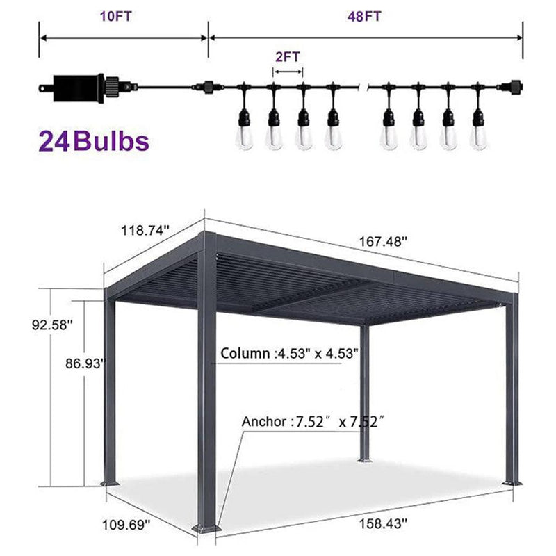 PURPLE LEAF Louvered Pergola with Yellow String Lights Patio Aluminum Pergola with Independent Adjustable Rainproof Roof Hardtop Pergola for Outdoor Deck Garden Yard