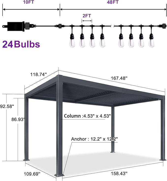 PURPLE LEAF Louvered Pergola with String Lights Patio Aluminum Pergola with Independent Adjustable Rainproof Roof Hardtop Pergola for Outdoor Deck Garden Yard