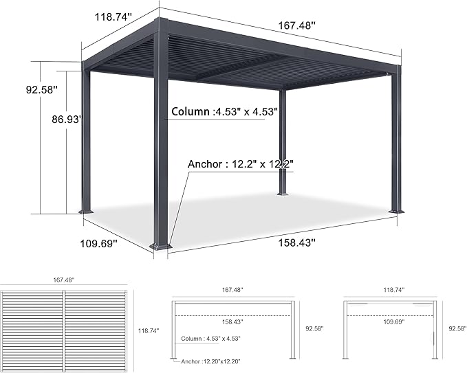 PURPLE LEAF Louvered Pergola 10' x 14' Outdoor Aluminum Pergola with Adjustable Roof for Deck Backyard Garden Grey Hardtop Gazebo