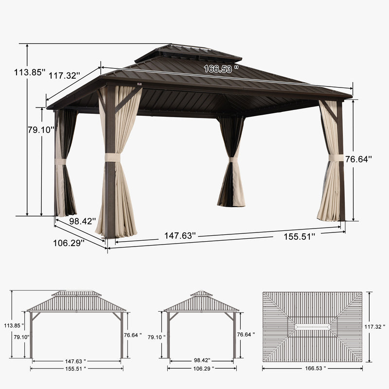 PURPLE LEAF  Outdoor Hardtop Gazebo Bronze Metal Frame Galvanized Steel Double Roof with Curtains and Netting for Patio Desk Backyard