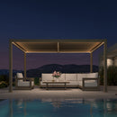 PURPLE LEAF Caesar champagne louvered pergola with LED lights over outdoor patio furniture.