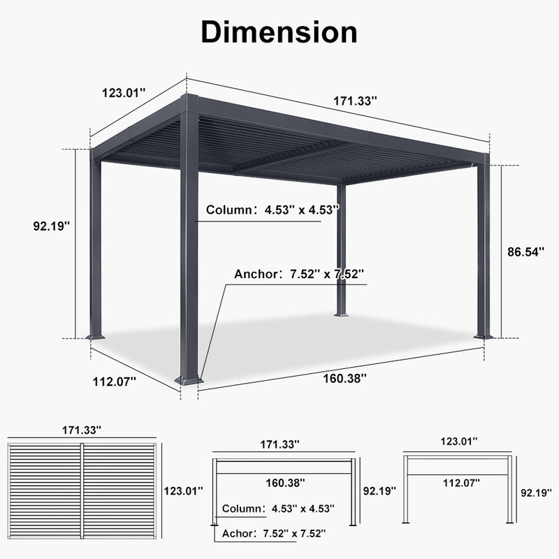 PURPLE LEAF Solar Louvered Pergola with LED Strip Lights and Control Panel Aluminum Outdoor Pergola with Adjustable Roof for Patio Deck Garden Yard Gray