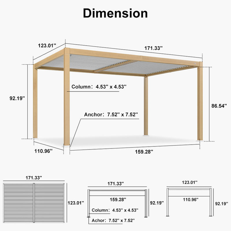 PURPLE LEAF Louvered Pergola Outdoor Wood Grain Aluminum Pergola with Adjustable Roof Patio Rainproof Hardtop Gazebo With Milky Lights