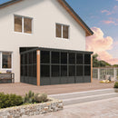 PURPLE LEAF Wall Mounted Sunroom Galvanized Steel Sloped Roof Lean-to Enclosed Aluminum Grey Frame Wood Grain Columns for Outdoor Home Extension