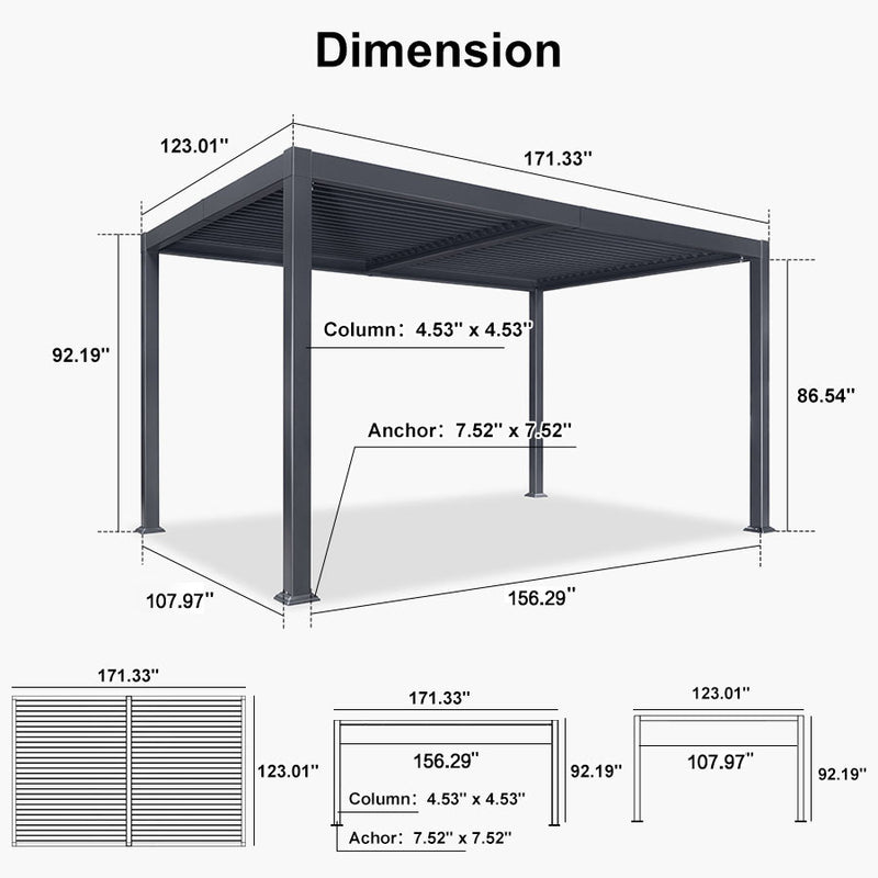 PURPLE LEAF Outdoor Louvered Pergola Patio Sun Shade Shelter with Adjustable Hardtop Patio Pergola Grey