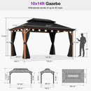 PURPLE LEAF Metal Gazebo Double Roof Wood Grain Aluminum Frame with Curtains and Netting with Lights-milky