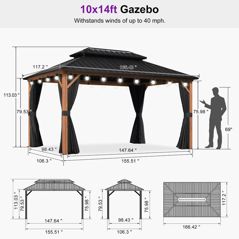 PURPLE LEAF Metal Gazebo Double Roof Wood Grain Aluminum Frame with Curtains and Netting with Lights-milky