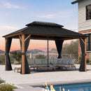 PURPLE LEAF Metal Gazebo Double Roof Wood Grain Aluminum Frame with Curtains Netting and Reinforcement Support Rods
