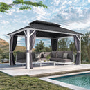 PURPLE LEAF Patio Hardtop Gazebo for Outdoor Grey Galvanized Steel Double Roof White Aluminum Poles with Curtains and Netting