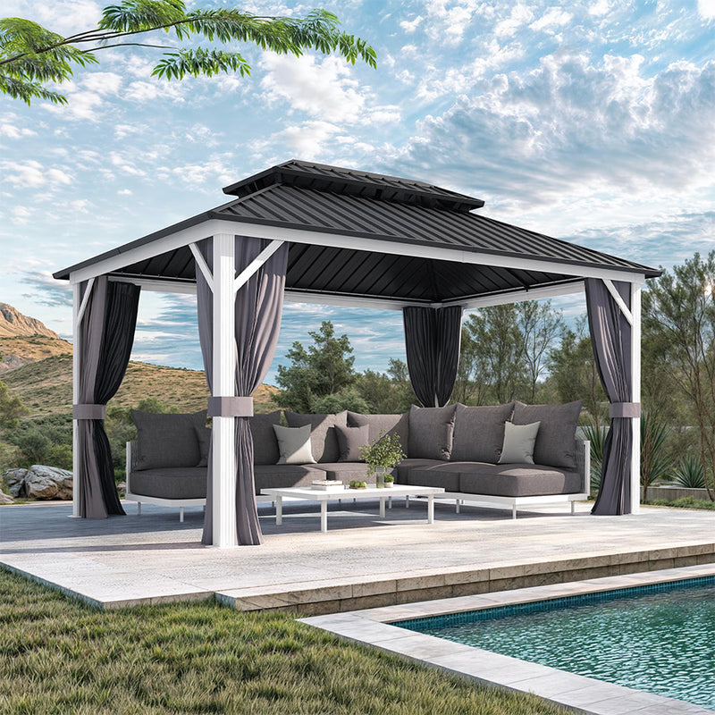 PURPLE LEAF Patio Hardtop Gazebo for Outdoor Grey Galvanized Steel Double Roof White Aluminum Poles with Curtains and Netting