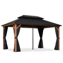 PURPLE LEAF Metal Gazebo Double Roof Wood Grain Aluminum Frame with Curtains Netting and Reinforcement Support Rods