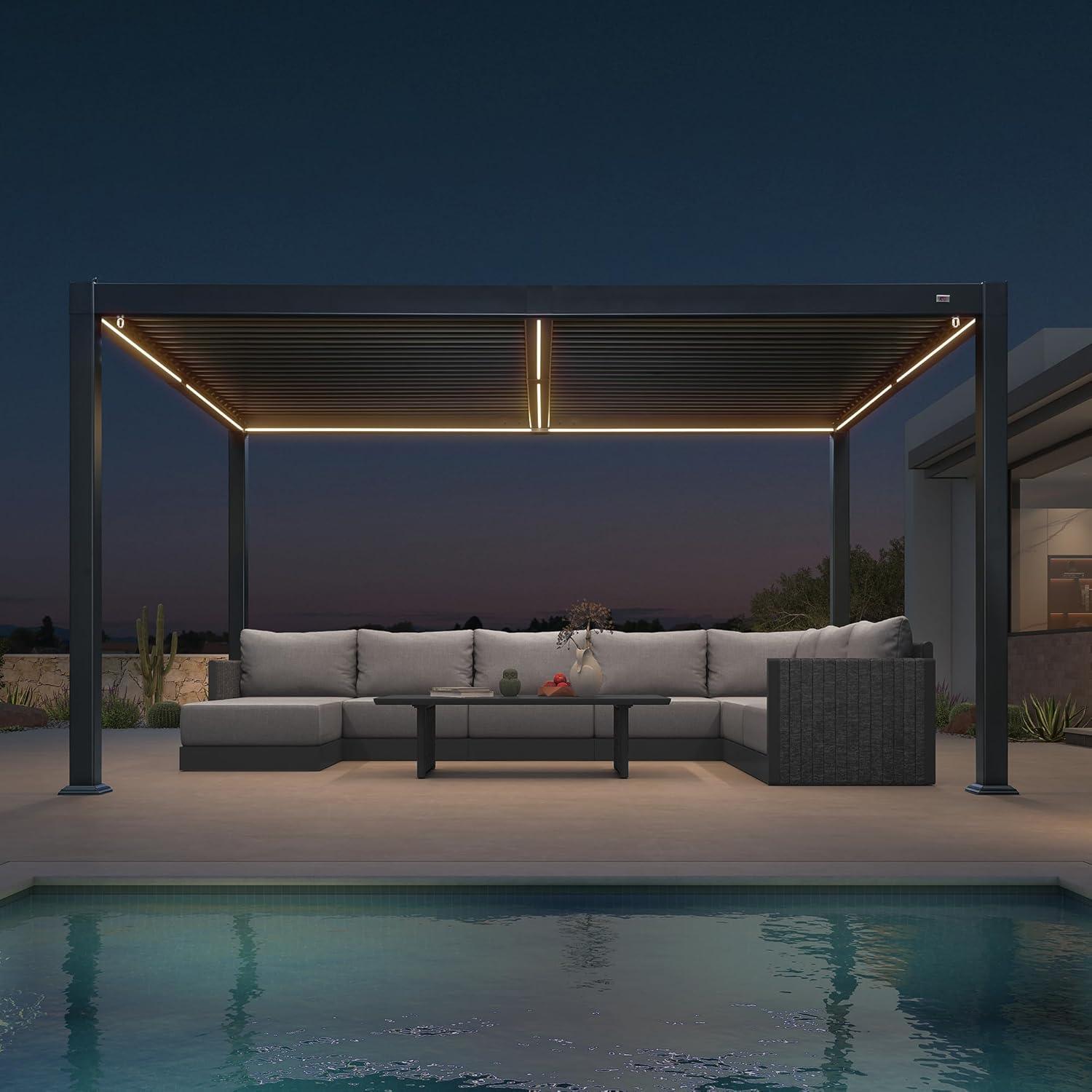 Louvered Pergola with LED Light | Adjustable Hardtop Gazebo