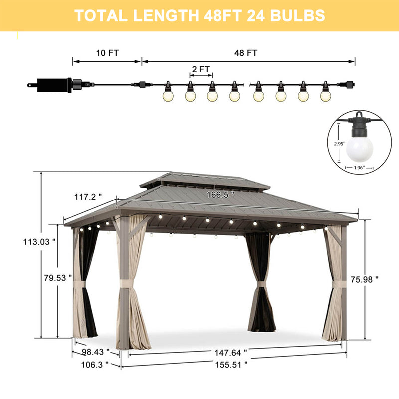 PURPLE LEAF Outdoor Hardtop Gazebo Champagne Metal Frame Galvanized Steel Double Roof with Curtains and Netting for Poolside with Lights-milky