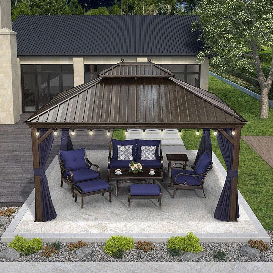 Hardtop Gazebo | Bronze Aluminum Frame & Navy Curtains