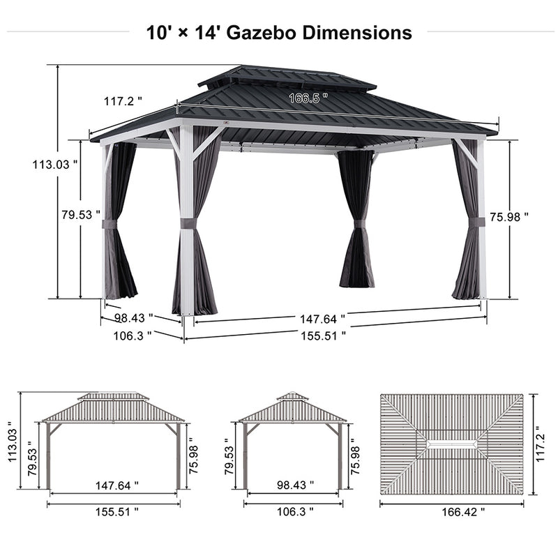 PURPLE LEAF Patio Hardtop Gazebo for Outdoor Grey Galvanized Steel Double Roof White Aluminum Poles with Curtains and Netting