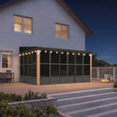 PURPLE LEAF Wall Mounted Sunroom Galvanized Steel Sloped Roof Lean-to Gazebo Aluminum Grey Frame Wood Grain Columns for Outdoor Home Extension with String Lights