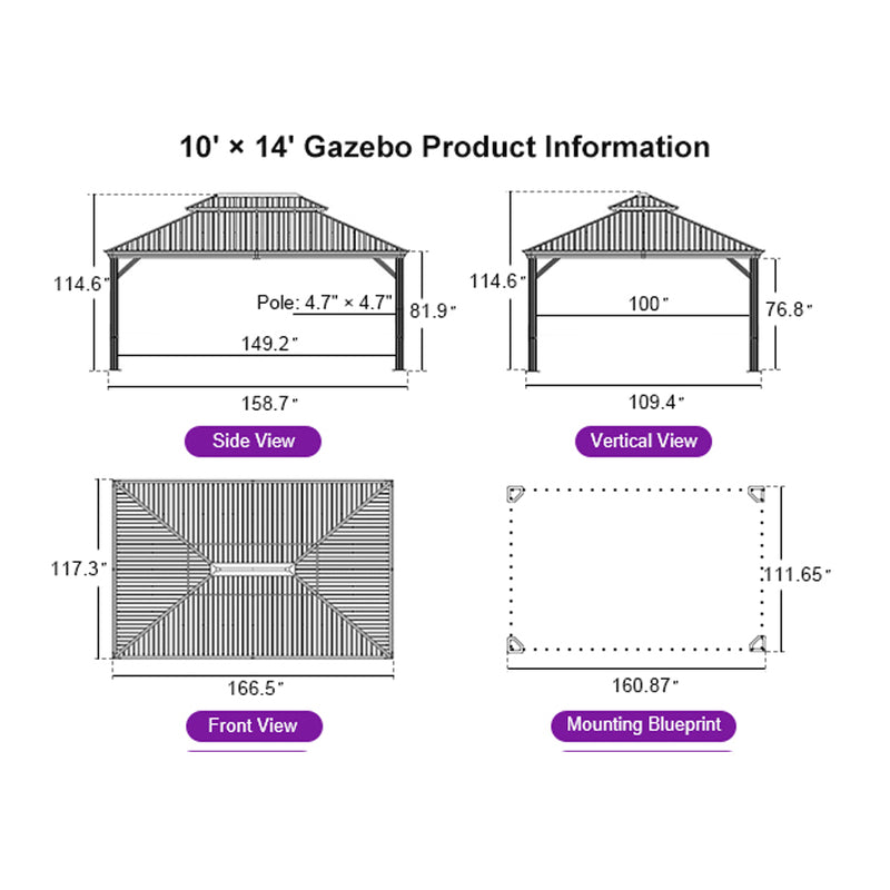 PURPLE LEAF Hardtop Gazebo for Patio Wood Grain Galvanized Steel Frame Awning with String Lights-clear