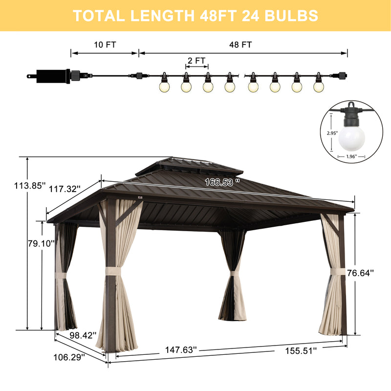 PURPLE LEAF Outdoor Hardtop Gazebo Bronze Metal Frame Galvanized Steel Double Roof with Lights-milky