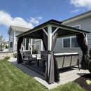 PURPLE LEAF Modern Gazebo Grey Hardtop Galvanized Steel Double Roof White Aluminum Poles with Curtains and Netting with Lights-milky