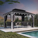PURPLE LEAF Patio Hardtop Gazebo for Outdoor Grey Galvanized Steel Double Roof White Aluminum Poles with Curtains and String Lights-milky