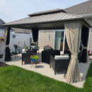 PURPLE LEAF Deck Gazebo Champagne Hardtop Metal Frame Double Roof with Curtains and Netting with Lights-clear