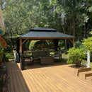 PURPLE LEAF Metal Gazebo Double Roof Wood Grain Aluminum Frame with Curtains and Netting