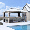 PURPLE LEAF Modern Gazebo Grey Hardtop Galvanized Steel Double Roof White Aluminum Poles with Curtains and Netting