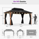 PURPLE LEAF Metal Gazebo Double Roof Wood Grain Aluminum Frame with Curtains and Netting with Lights-clear